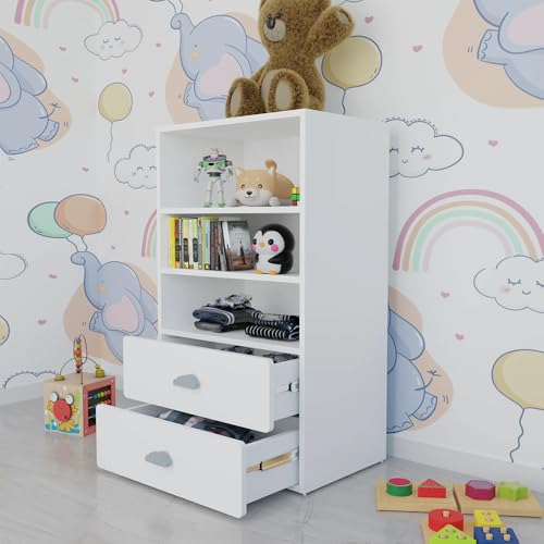 Image of VIKI Kids Wardrobe Almirah - Kids Storage Cabinet with 2 Drawers & Open Shelf for Bedroom, White (40x60x102 cm) | 1 Year Warranty