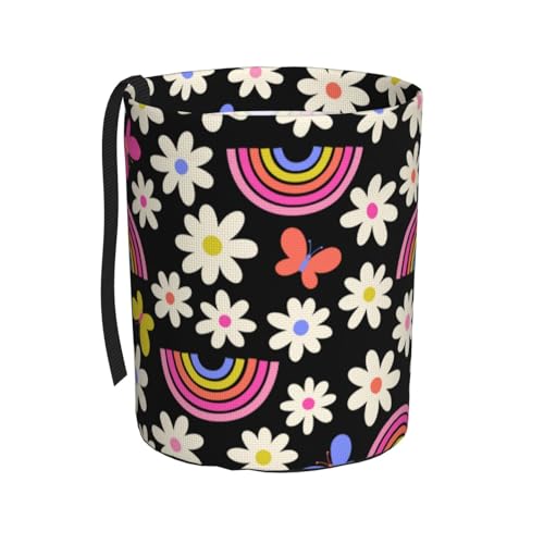 Image of Car Trash Bag Rainbow and Flowers Waterproof Trash Small Car Can Portable Collapsible Car Garbage Can Hanging for Back Seat Floor or Hanging Headrest Car Decor Road Trip Essentials