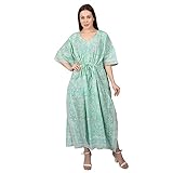 fabricvenue Fabric Venue Women's Ethnic Hand Block Print Cotton Printed Kaftan Summer Dress Beach Wear Dress Floral Aqua Blue Kaftan Dress, Multicolor, One Size