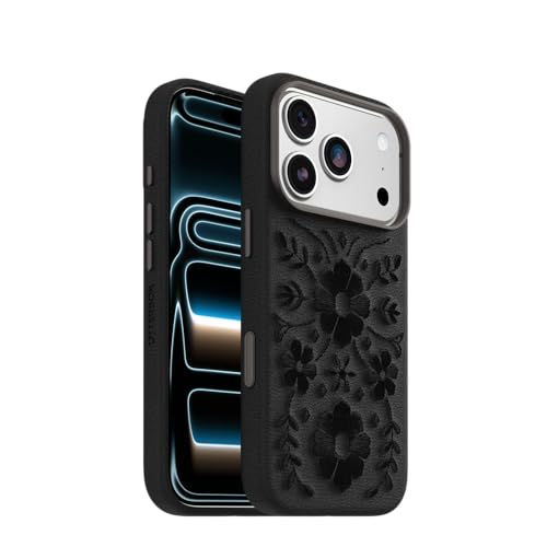 Image of OtterBox iPhone 17 Symmetry Series Cactus Leather Case - Ink Blossom - Black - Textured, Floral Embroidered iPhone Case | Black Ink Blossom Embroidered Design, Textured, Embroidered Floral Artistic iPhone Case for MagSafe