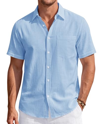 Image of J.VER Mens Linen Shirt Short Sleeve Button Down Casual Summer Shirts | Cotton Linen, Untucked, Big Tall, from Beach Camp Vacation, Cruise Fishing, Work Office, to Wedding Party Family, with Pocket