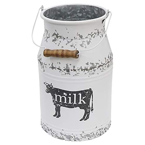 Fovasen Metal Big Cow Galvanized Milk Can with Wooden Handle, Rustic White Farmhouse Vase Planter, Primitive Decorative Flower Holder for Home Wedding Table Centerpiece Decor Large - 11" Cover