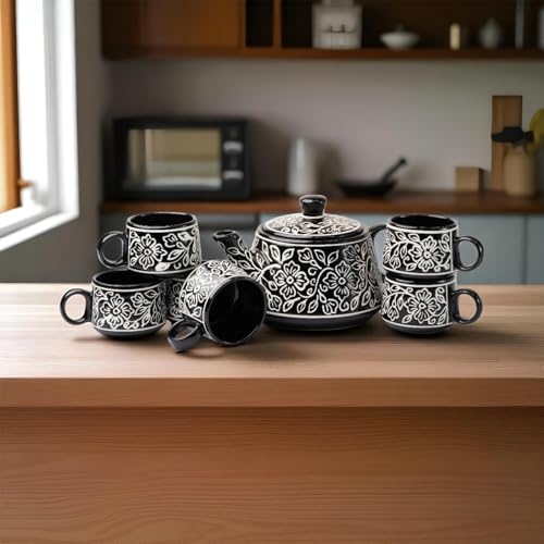 Image of 'Black Mughal' Premium Ceramic Tea Cup Set with Kettle & 6 Cups | Floral Printed Ceramic Cup with Teapot | Handcrafted, Microwave & Dishwasher Safe | Tea Serving Set for Home, Office & Gifting