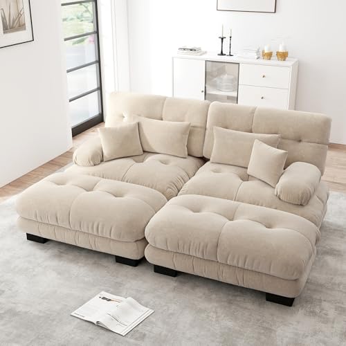 Yihomfy Canapé d'angle Moderne de 220 cm, Grand canapé Convertible 2 Places avec 2 poufs, canapé modulable Cloud avec Structure en Bois Massif, canapé-lit...