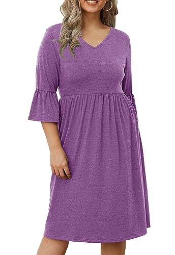 Image of Women's Plus Size 3 /4 Sleeve Casual Dress V Neck Spring Summer Tshirt Empire Waist Ruffle Midi Dresses