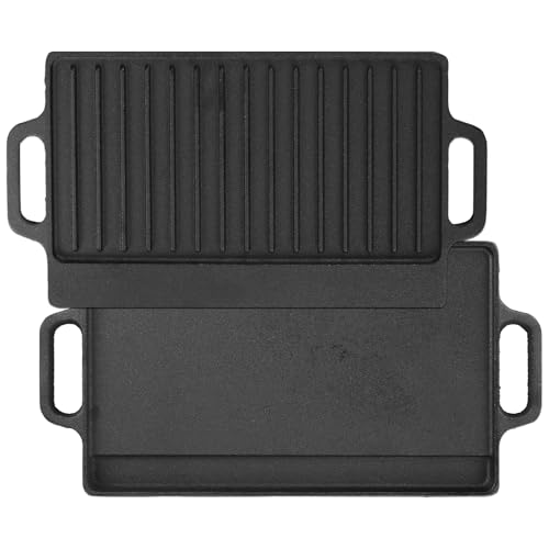 LDXDRU Cast Iron Griddle with Handle, 40 x 20cm Pre-Seasoned Reversible Griddle Pan, BBQ Grill Pan Non-Stick Grill Plate for Gas Stovetop Open Fire Oven - 2cm Thickness