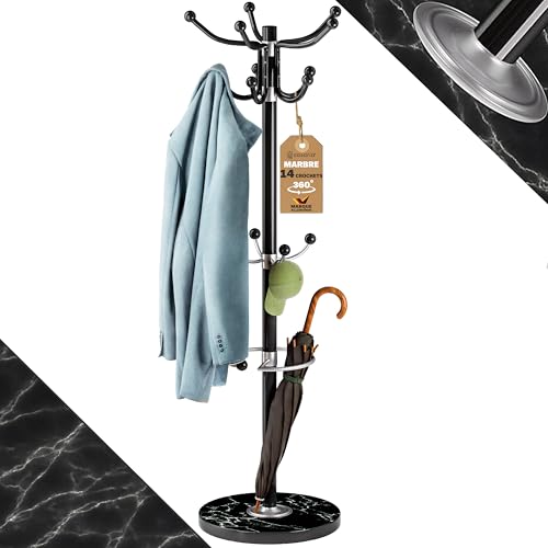 Casaria® Porte-manteau Noir avec base en marbre 14 crochets 37x37x175cm portemanteau sur pieds rangement porte-parapluie