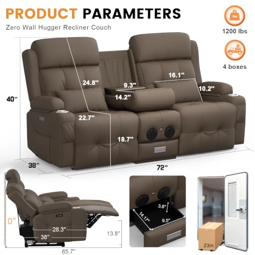 Image of Home Theater Seating, Power Loveseat Recliner Sofa with Massage & Heat, Wall Hugger Reclining Loveseat with USB, RV Couch with LED Lights, Flip Backrest, Cup Holders for Movie Theater & Gaming Room