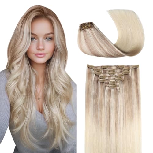 Image of COOKAYU Clip in Hair Extensions Human Hair, 18 /22 /60 Ombre Real Hair Extensions Clip in Human Hair Thick Silky Straight, 16inch 120g 7Pcs