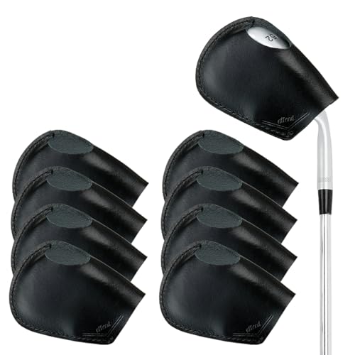 Elteed Golf Iron Covers Premium Genuine Leather | Universal Fit for All Brands | Protective Golf Club Head Covers (Black 8-pc Standard)