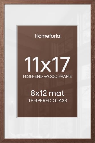 Image of Homeforia 11x17 Brown Picture Frame, High End Dark Oak 11x17 Poster Wood Frame with Mat 8x12 Print, 11 x 17 Wooden Walnut Frame Matted to 8 x 12 Photo, 17x11 Frames, Tempered Glass, Wall Kit, Set of 1