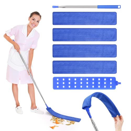 Bixury Plumeros para el Polvo Limpiador de Polvo RetráCtil 2,5 m Plumero Extensible de Acero Inoxidable Plumero Telescópico con 4 Capuchas de Repuesto para Debajo del Sofá Armarios Cama Piso(Azul)