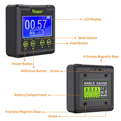 Huepar Digitaler Winkelmesser, Elektrische Libelle Dual Achsen Messgerät 0.01°Auflösung V-Nut Magnetbasis & LCD Neigungsmesser mit akustischem Alarm 0~360°AG03