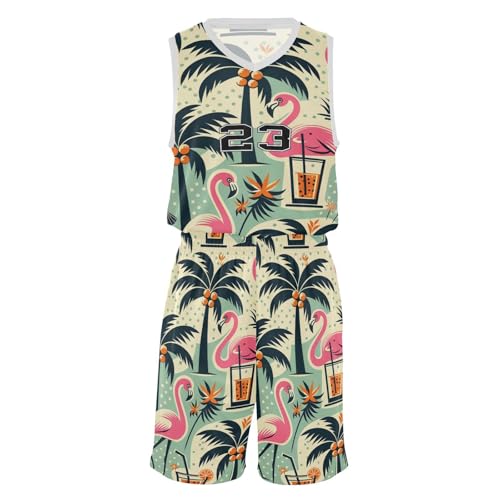 FLildon Tropical Trees Flamingos Drinks Boys Basketball Jersey Set Tank Top Shorts Tracksuit Sport Training Suit for Kids, XL