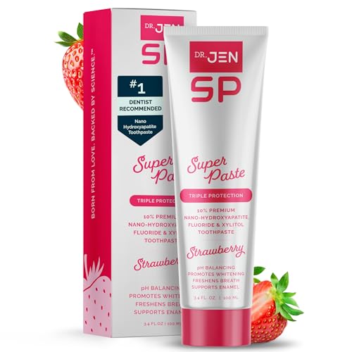 Image of Dr. Jen Super Paste Toothpaste with Fluoride + 10% Premium Nano Hydroxyapatite, Xylitol, Strawberry, SLS Free, Vegan, Dentist Designed, Essential Oils, Fresh Clean Feel, 1 Pack