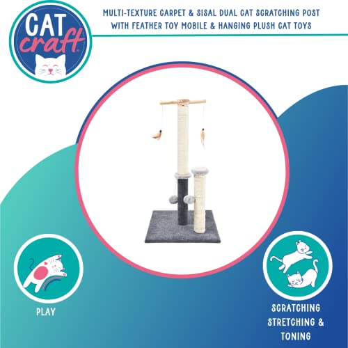 Cat Craft Multi-Texture Carpet & Sisal Dual Cat Scratching Post With Feather Toy Mobile & Hanging Plush Cat Toys, Grey/Natural #TOP1
