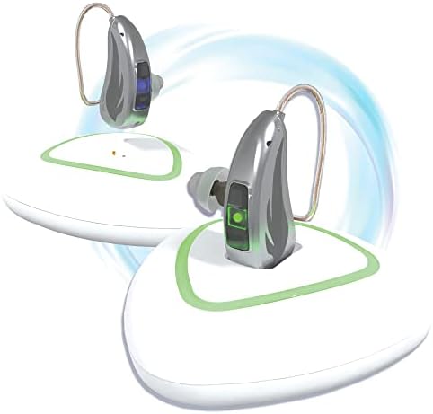 [Silver] Rechargeable hearing aid for seniors with noise cancelling and feedback reduction seniors, nano invisible receiver in canal (RIC) for mild moderate severe Hearing Loss, Digital personal sound amplifier with Volume Control | EarCentric - RIE400 - Pair