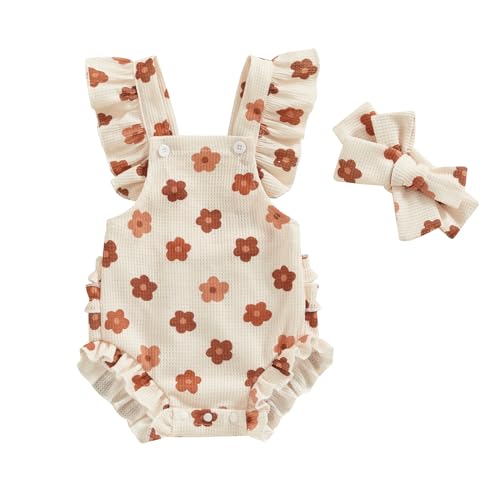 Image of ZAXARRA Little Baby Girls 2Pcs Summer Outfits Fly Sleeve Flower Print Bodysuit with Headband Newborn Clothes