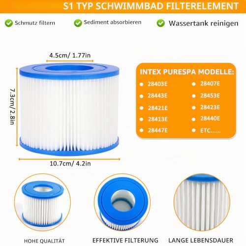 ZZXLOPEZ 6er Pack Filter Typ S1, Filter SI für Pool für Easy Set Pool Filterkartuschen, Filterkartuschen Pool, Filterkartusche für Pool Typ S1, Intex PureSpa, Whirlpool Filter für 29001E Spa Filter
