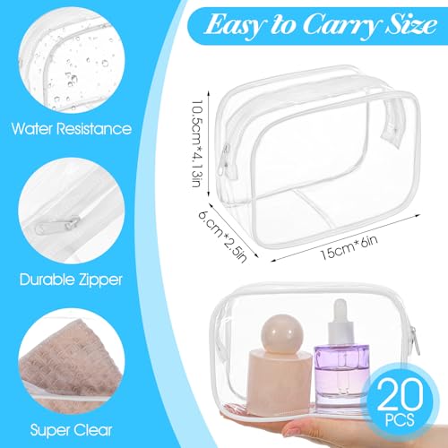 20Pcs Clear Cosmetic Makeup Bags with Zipper, Small Waterproof Toiletry Bag, Clear Travel Bags for Toiletries, PVC Transparent Plastic Organizer Case for Women Men (White Border 6 x 2.5 x 4.13 Inch)2