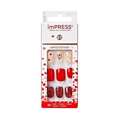 KISS imPRESS Press-On Manicure Limited Edition Valentine Nails, ‘Crazy Over You’, 30 Count Red IM82X
