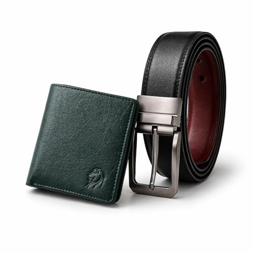 Image of VEMILIO Mens Wallet Belt Combo | Vegan Leather Bi-Fold Wallet with Coin Pocket & Reversible Belt | Gift Combo Set for Men & Boys (Green)