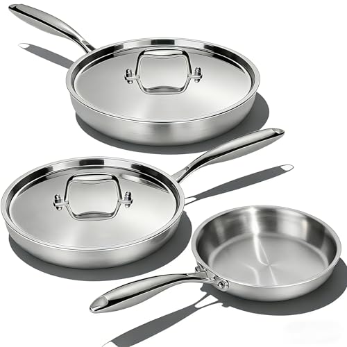 Image of Stainless Steel Frying Pan Set with Lid, Umite Chef 3Pcs Skillet Set (Includes 8 inch,10 inch,12 inch) - 5 Ply Stainless Clad - Heavy Duty & Professional Cookware Set, Fast & Even Heat, Dishwasher and Oven Safe