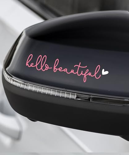 Image of RACOONA Rearview Mirror Decal,Hello Beautiful Decal,Car Accessories Stickers Rearview Mirror Sticker (Pink&White)