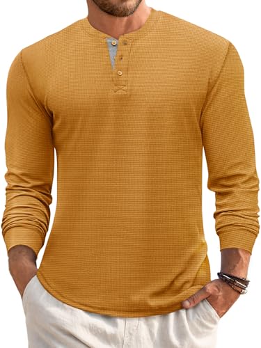 Runcati Mens Henley Long Sleeve Shirts Waffle Button Casual Basic Lightweight Tops Mustard Yellow