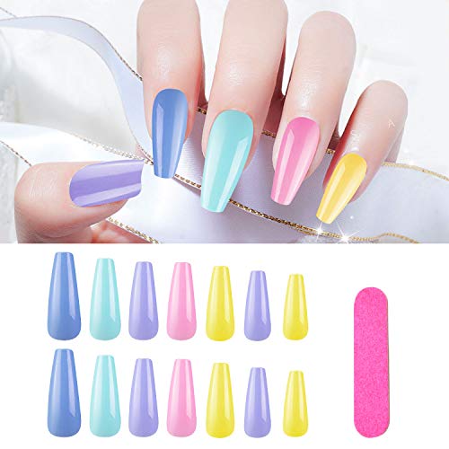 100 Pcs Long Acrylic Coffin Press On Nails, Solid Color Full Cover False Nail Art Tips, Ballerina UV Fake Nails With Adhesive Tabs For Women, Nail Salon-Mixed Candy Color