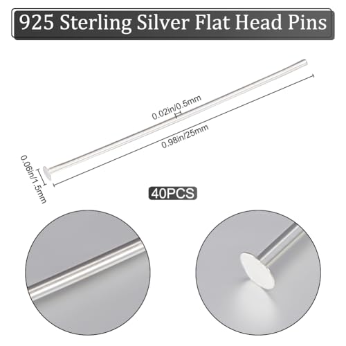Beebeecraft 1 Box 40Pcs 925 Sterling Silver Flat Head Pins 25mm/1in Jewellery Flat Headed Wire Pins for DIY Pendant Making Findings (Tray: 1.5mm) - Image 2