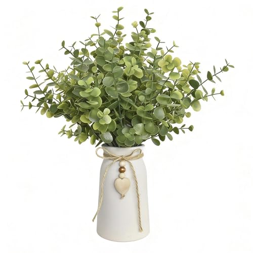 Artificial Eucalyptus Plant in White Ceramic Vase 14 Tall Faux Eucalyptus Arrangement with Twine Bow & Wooden Heart Charm Full Greenery for Home Decor Table Centerpiece Shelf & Office Decoration