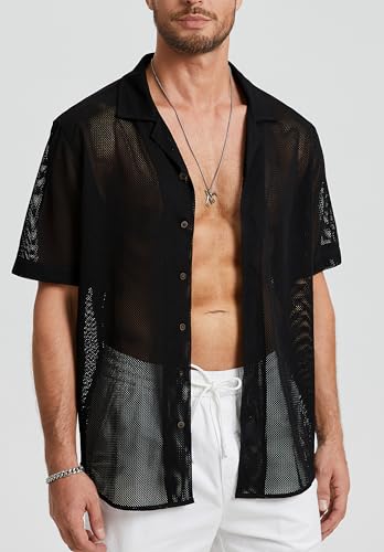 HISDERN Mens Summer Beach Shirts Casual See Through Sheer Lace Shirt Short Sleeve Button Down Mesh Shirt for Men2