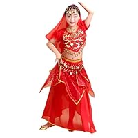 Niña Traje Danza del Vientre Lentejuelas Danza Vientre Vestido de Princesa Manga Corta Disfraz de Belly Dance Infantil con Bordados Recitales y Disfraces Tela (Red, 7-8 Years)
