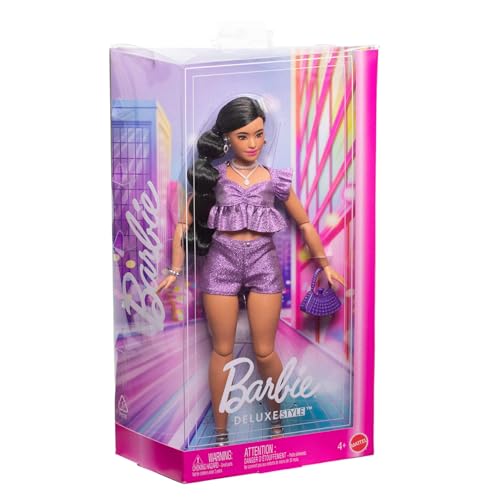 Barbie Deluxe Style Doll #8 in Metallic Purple Top and Sparkly Shorts, Black Hair in Braid, Accessories like Pearly Jewelry and Handbag, JFP43