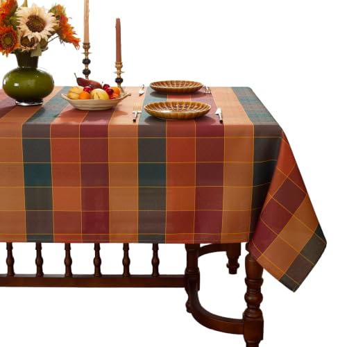 Honellaty Rust and Teal Fall Plaid Square Tablecloth, 52 x 52 Inch