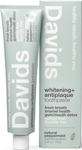 Image of Davids Fluoride Free Toothpaste Teeth Whitening SLS Free Peppermint 5.25oz | Antiplaque Protection, Promotes Enamel Health, Supports Mouth & Gum Detox, EWG Verified, Peppermint Toothpaste