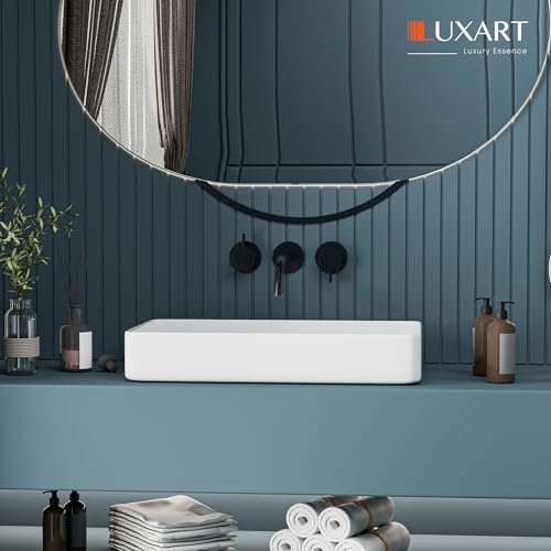 Image of LUXART Tabletop Wash Basin For Bathroom - 24x14x5 Inc Ceramic Glossy White Countertop Washbasin | Vessel Sink For Hotel, Dining Hall, Vanity | Over counter Top Washroom Sink