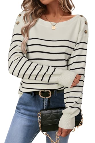 Arach&Cloz Womens Sweaters Wool Striped Boat Neck Button Fall Lightweight Pullover Dressy Tops...