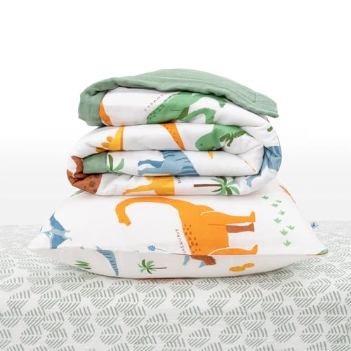 Image of Little Unicorn Toddler Bedding 3-Piece Set | Includes Comforter, Crib Sheet & Pillowcase | Soft & Breathable Muslin Fabric | for Convertible Cribs & Toddler Beds (Dino Names)