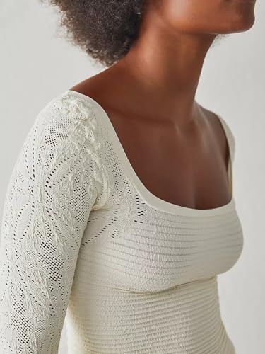 Image of Womens Long Sleeve Square Neck Sweater 2025 Ribbed Knit Crop Sweater Slim Fitted Crochet Solid Tops White