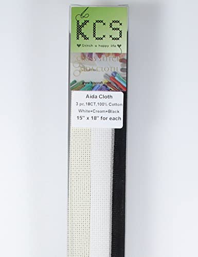 Image of KCS 3 pc of 15 inch x 18 inch Counted Cross Stitch Cotton Aida Cloth Needlework Rolled Fabric Box,18CT,White+Cream+Black