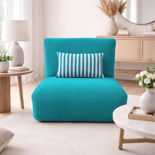 Image of Adorn India Easy Multi Mode 1 Seater Sofa Cum Bed | Velvet Fabric | Aqua Blue | Stripes Design | Comfortable Seating | Washable Cover | Perfect for Home & Office