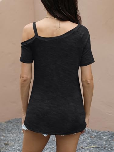 Womens Off Shoulder Tops Summer Asymmetrical Shirts Short Sleeve Button Ruched Blouses 20252