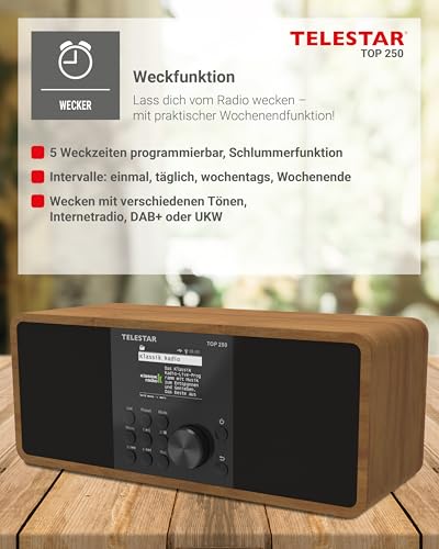 TELESTAR TOP 250 – DAB+/Internetradio (Stereo, 2 × 10 Watt, Bluetooth Audio-Streaming & Sendefunktion, USB-Aufnahme, Notfallwarnsystem, App-Steuerung) – Holz