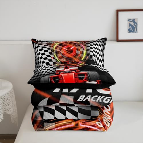 Image of Feelyou Kids Red Racing Car Comforter Set Queen Size, Extreme Sports Duvet Insert Karting Road Bedding Set Boys Girls Teens Bedroom Decor Bed Set 3Pcs