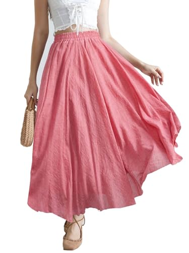 Women's Cotton Linen Flowy Maxi Skirt High Waist A-Line Elastic Waistband Weekend Skirt