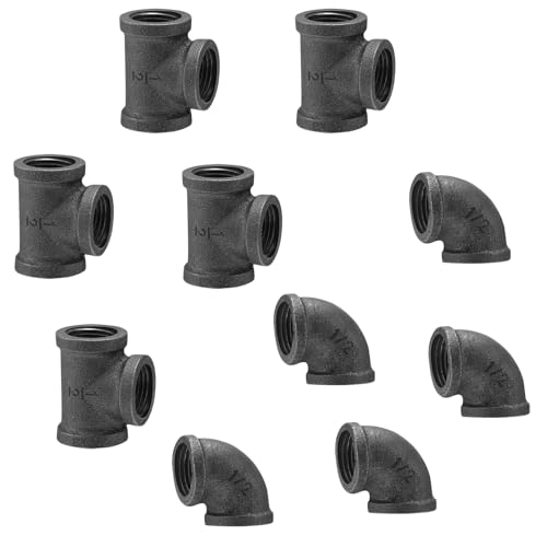 Home TZH 1/2" Thereaded Tee & Elbow, 10 Pack Industrial Cast Malleable Iron Pipe Elbow/Tee for Steampunk Vintage DIY Pipe Decor Project/Furniture/Shelving Decoration (10, 1/2 Inch)