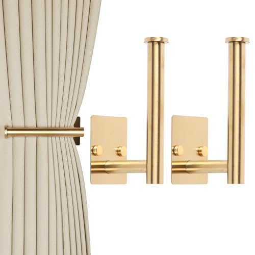 OCIOLI 2 Pack No Drill Curtain Holdbacks - Self-Adhesive/Screw-in Metal Curtain Tie Backs with Rustproof SUS304 Steel, Wall Mount Drapery Hooks, Damage-Free Installation for All Curtains (2, Gold)