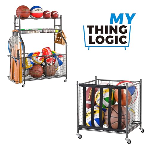 Mythinglogic Rolling Sports Ball Storage Cart, Sports Lockable Ball Storage Locker with Elastic Straps, Stackable Ball Cage for Garage Storage Garage Organizer